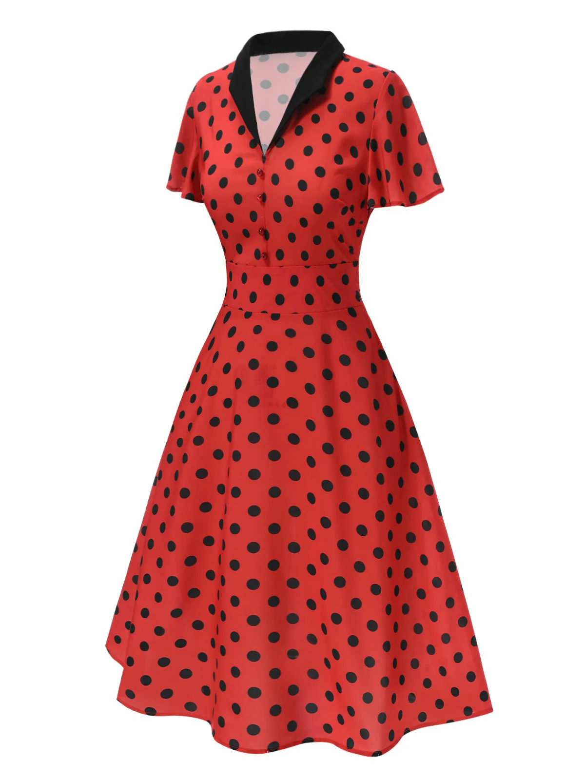 Deep Red 1950s V-Neck Polka Dots Lapel Dress - Image 4