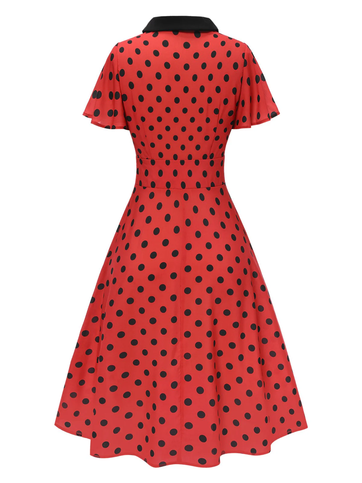 Deep Red 1950s V-Neck Polka Dots Lapel Dress - Image 5