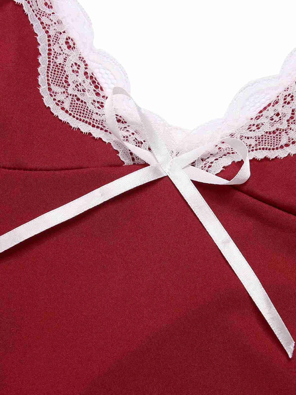 Deep Red 1970s Spaghetti Straps Lace Nightgown - Image 4
