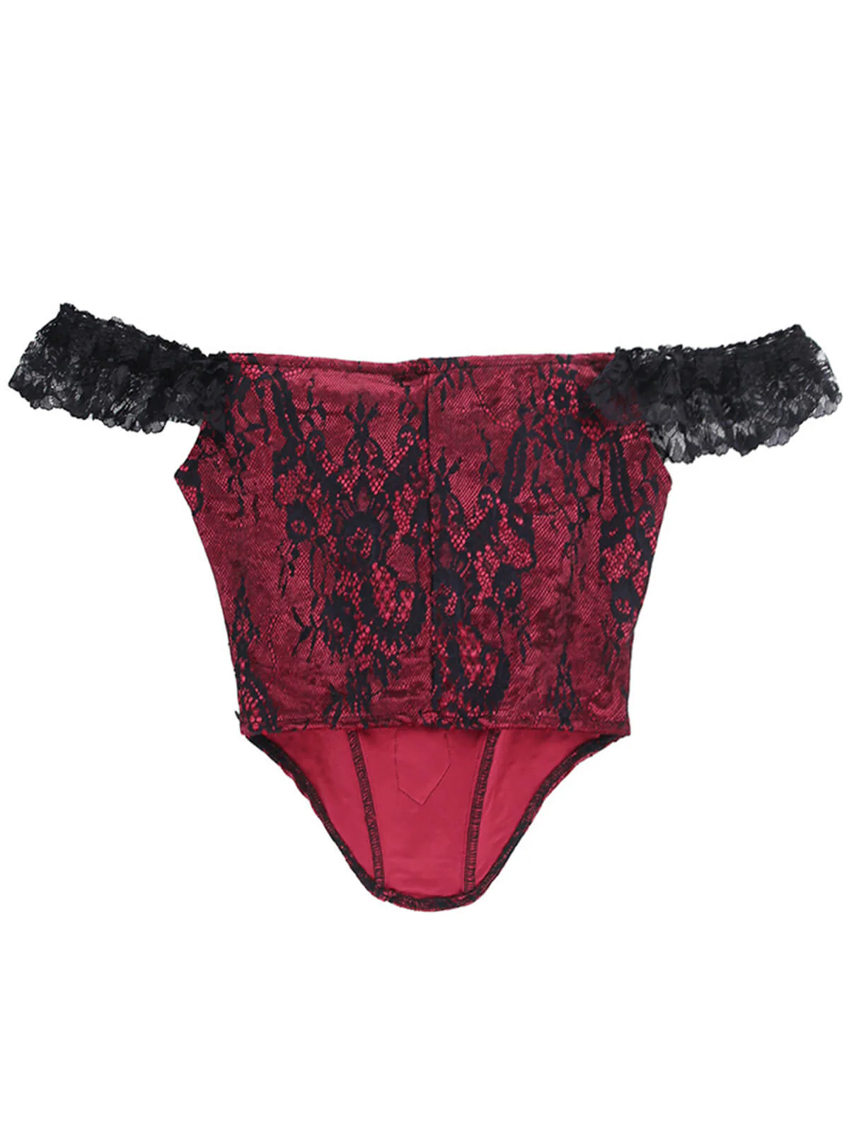 Deep Red 1970s Steampunk Lace Off-Shoulder Top - Image 2