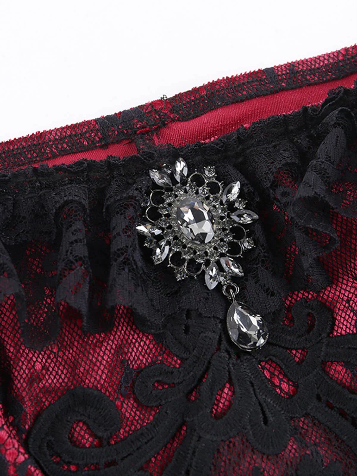 Deep Red 1970s Steampunk Lace Off-Shoulder Top - Image 3