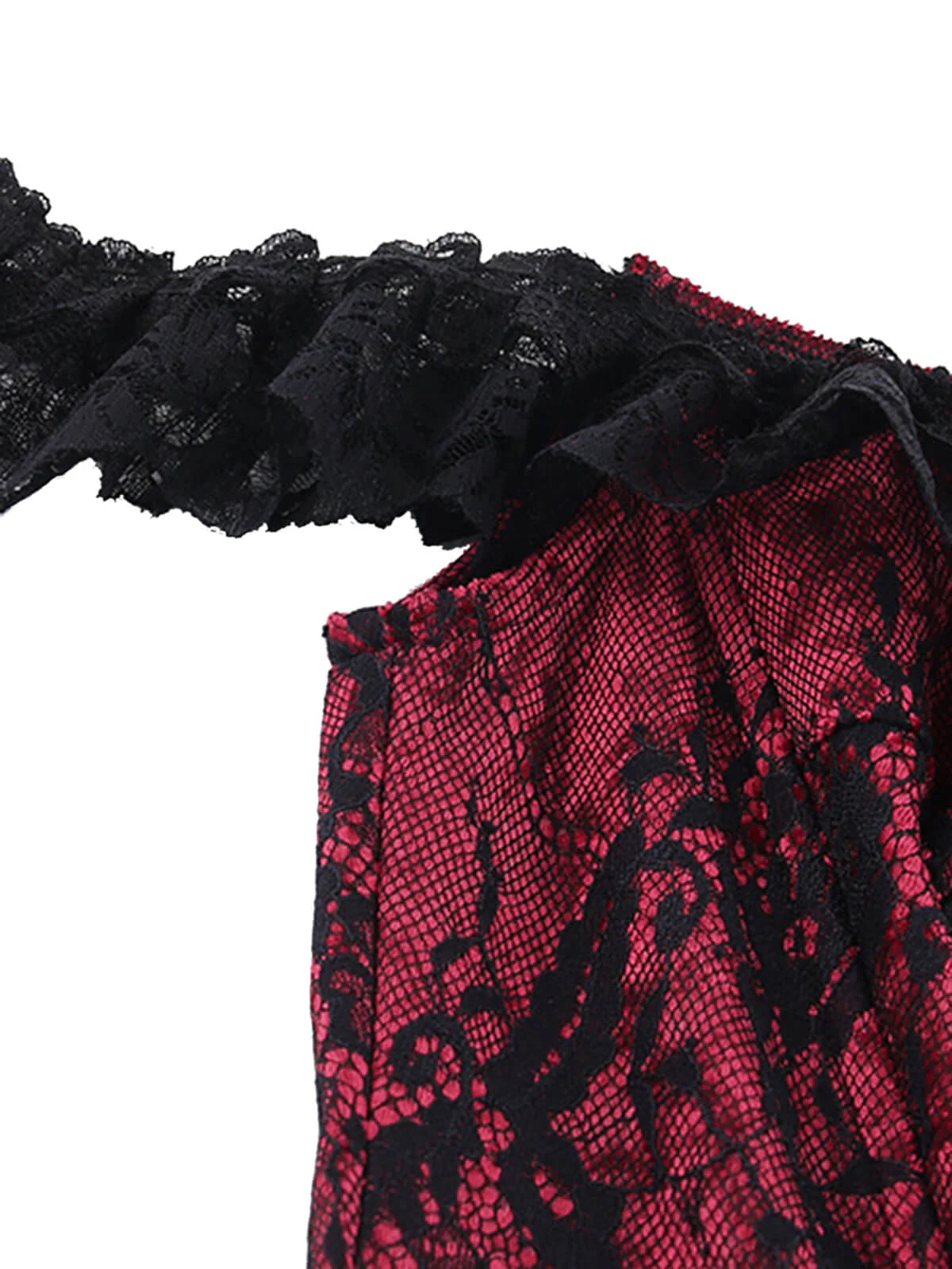 Deep Red 1970s Steampunk Lace Off-Shoulder Top - Image 4