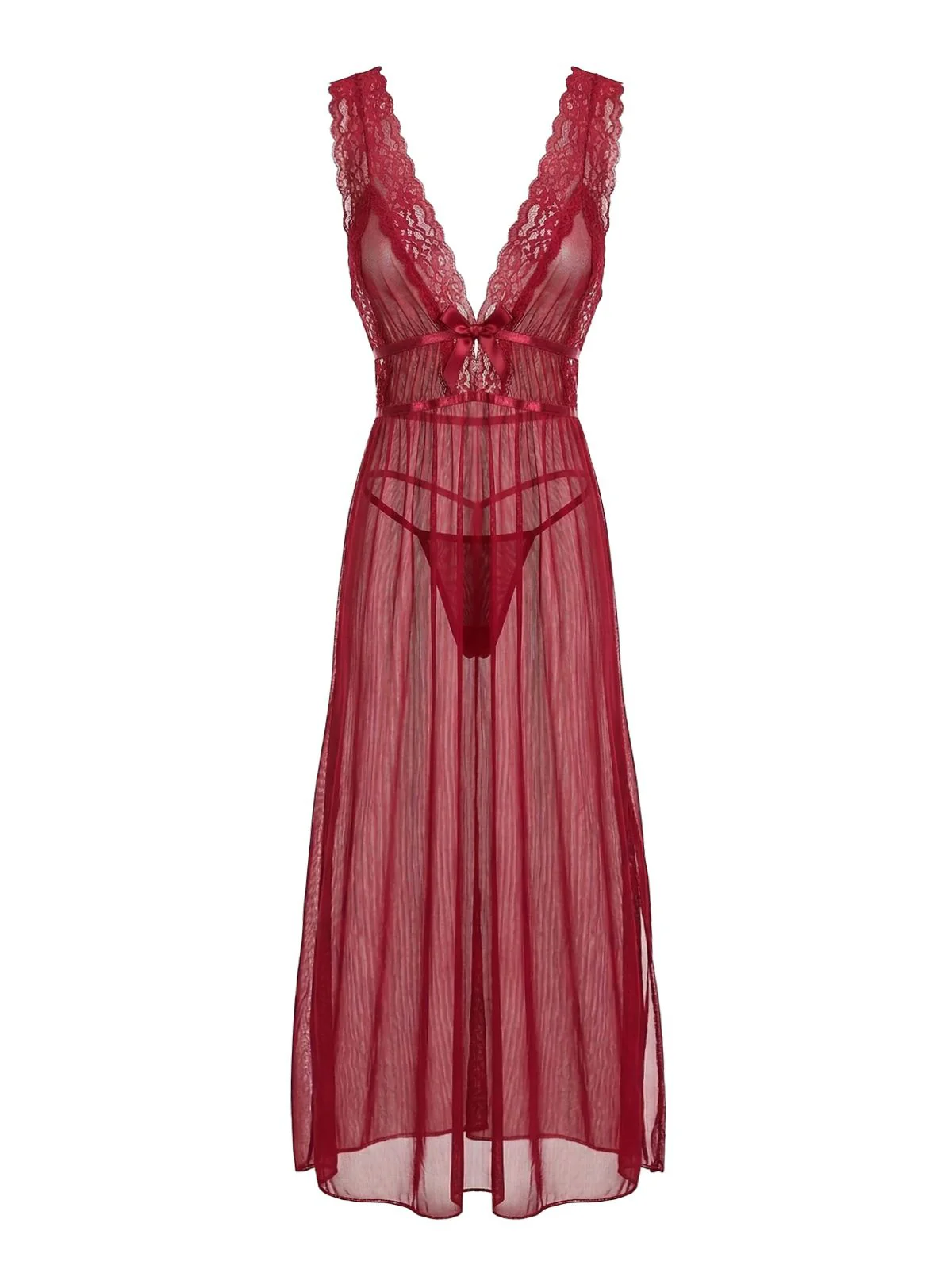 2PCS Deep Red 1980s Lace Color Block Knit Nightgown - Image 3