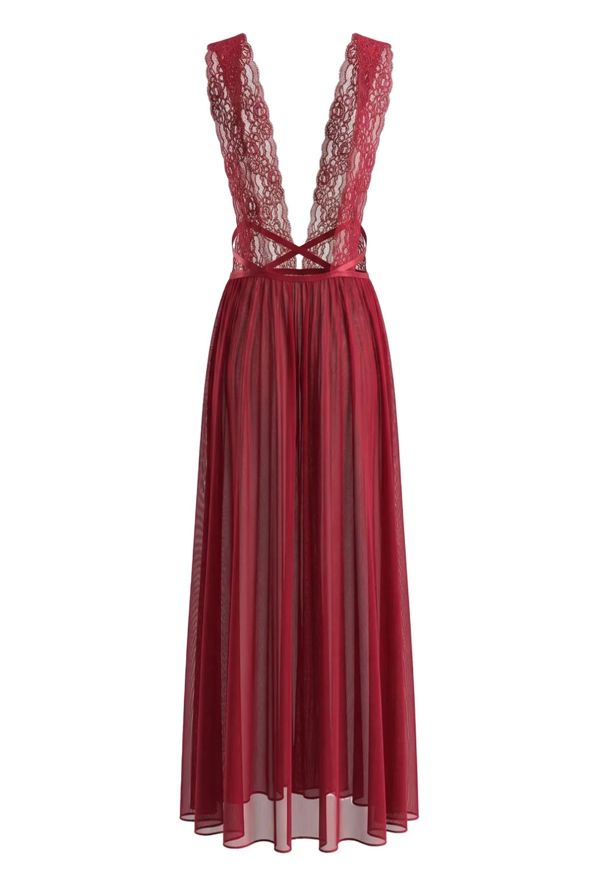 2PCS Deep Red 1980s Lace Color Block Knit Nightgown - Image 4