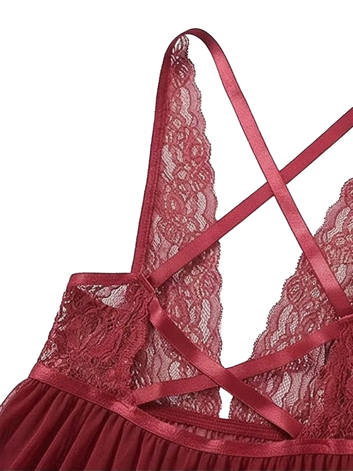 2PCS Deep Red 1980s Lace Color Block Knit Nightgown - Image 5