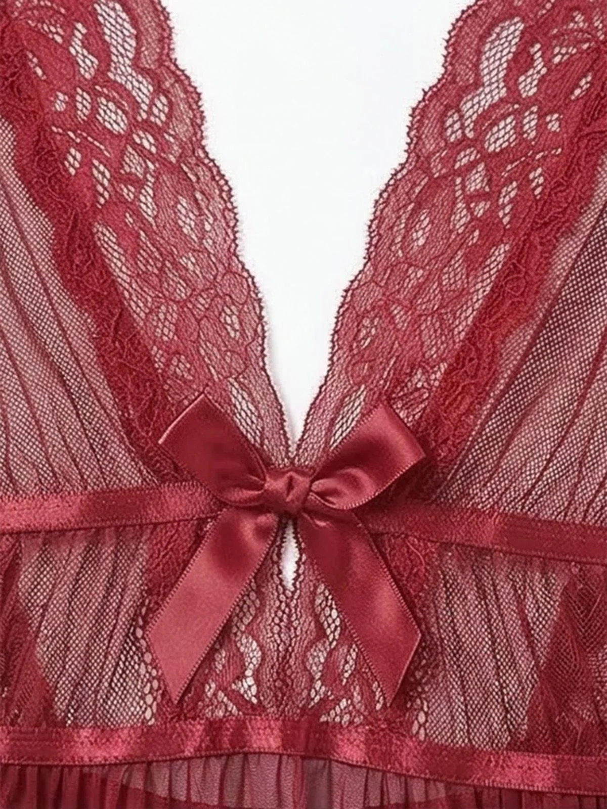 2PCS Deep Red 1980s Lace Color Block Knit Nightgown - Image 6