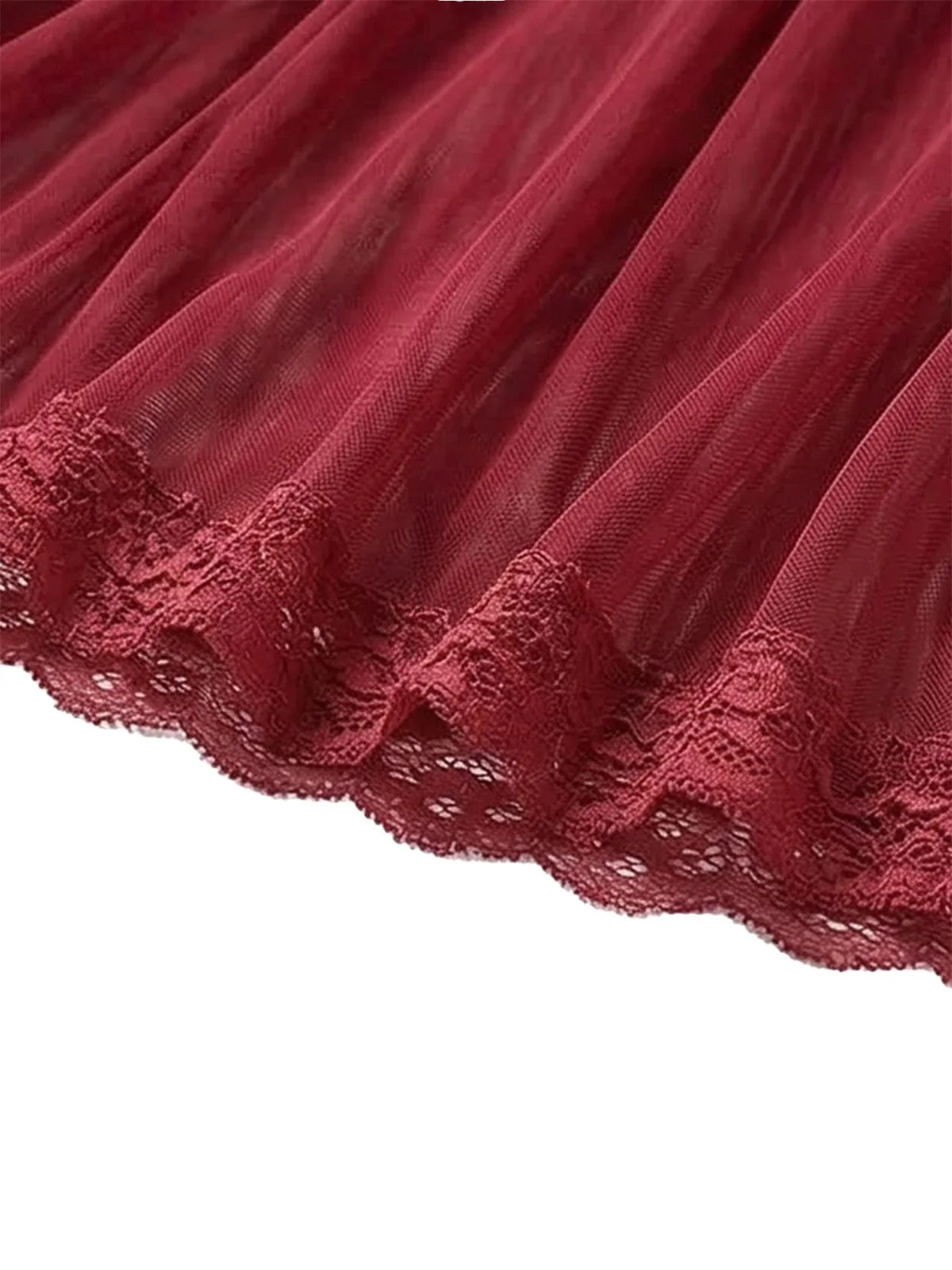 2PCS Deep Red 1980s Lace Color Block Knit Nightgown - Image 9
