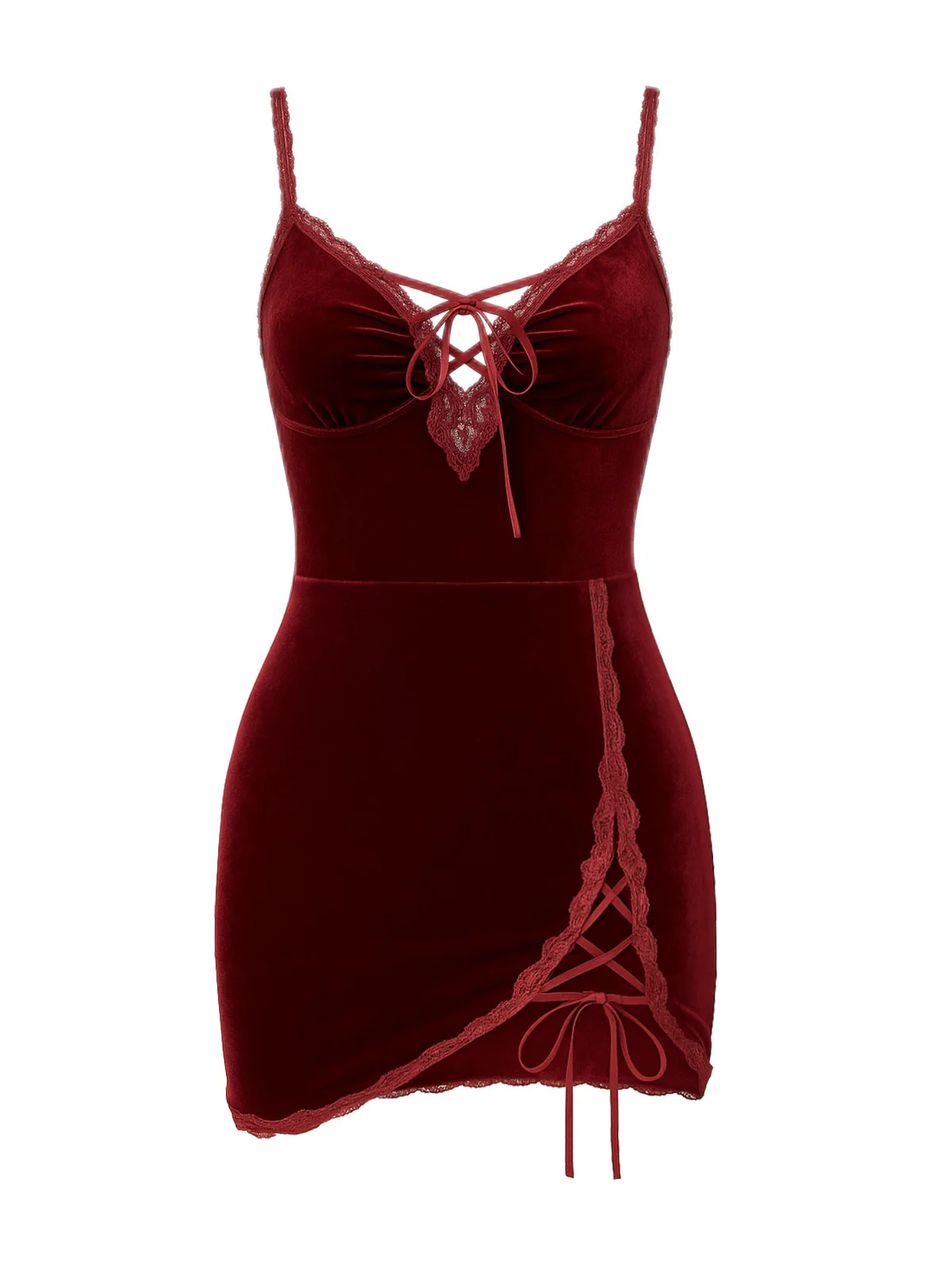 Deep Red 1980s Lace-Up Velvet Strap Nightgown - Image 2