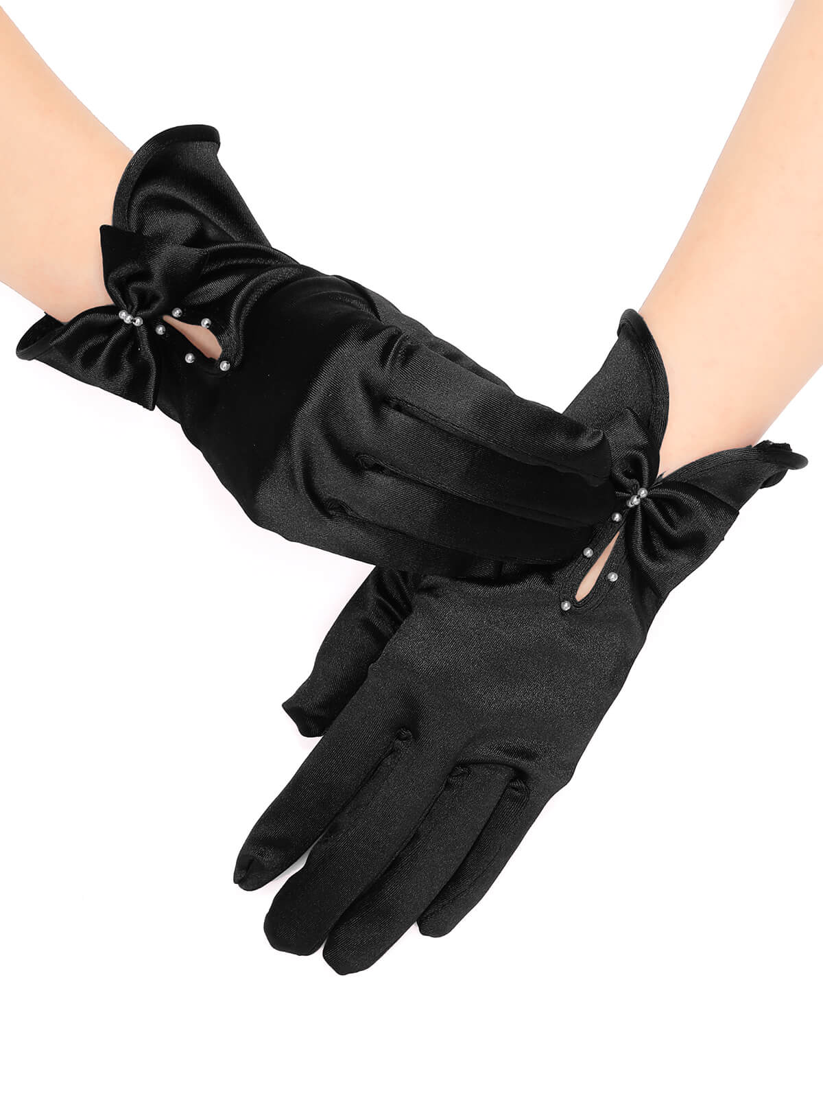 Deep Red Pearl Bow Satin Gloves - Image 2