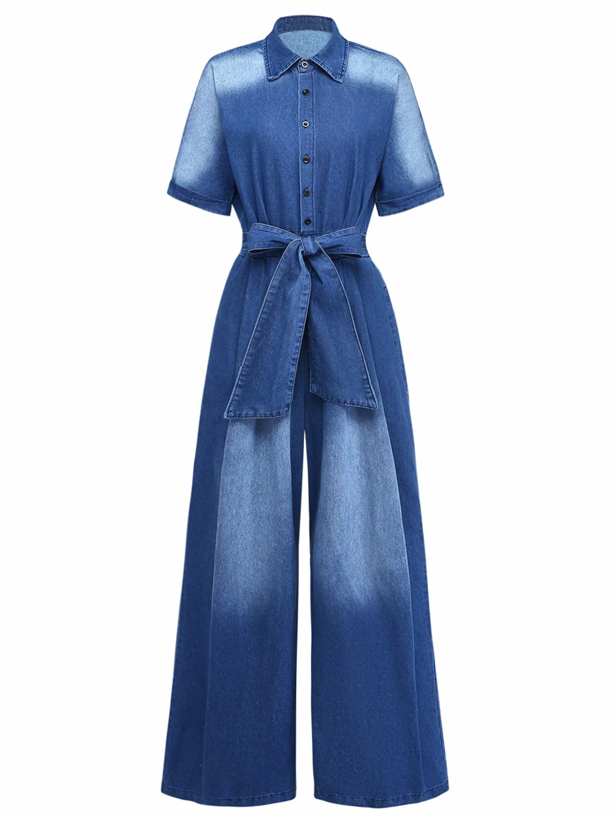 Denim 1970s Lapel Button Belted Waist Jumpsuit - Image 2