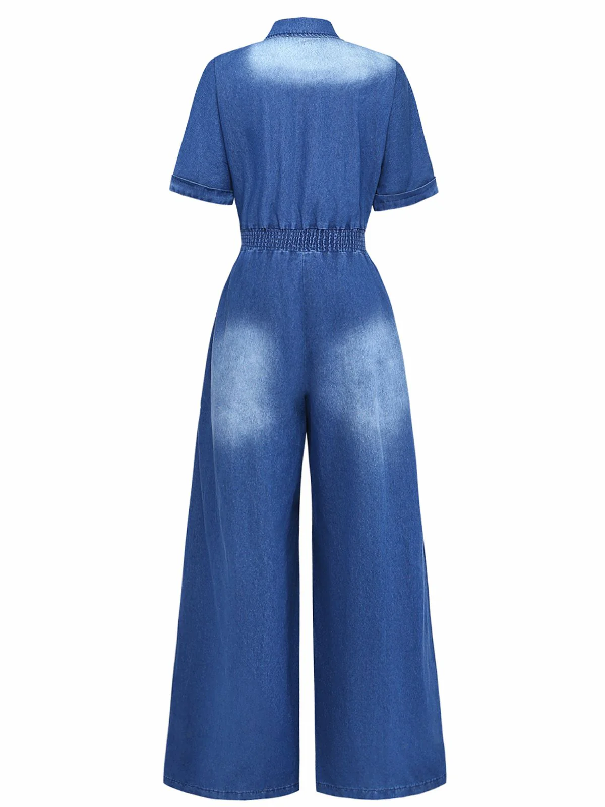Denim 1970s Lapel Button Belted Waist Jumpsuit - Image 3