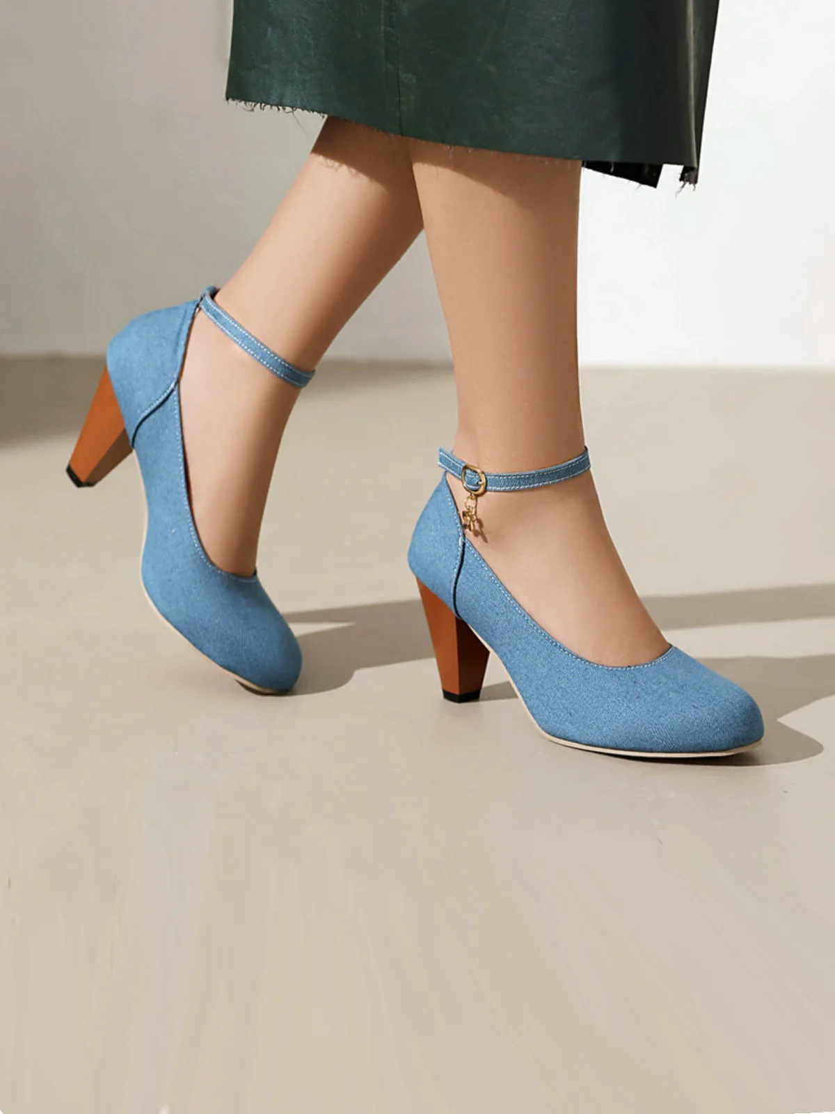 Denim Buckle Mary Janes Chunky Heels - Image 8