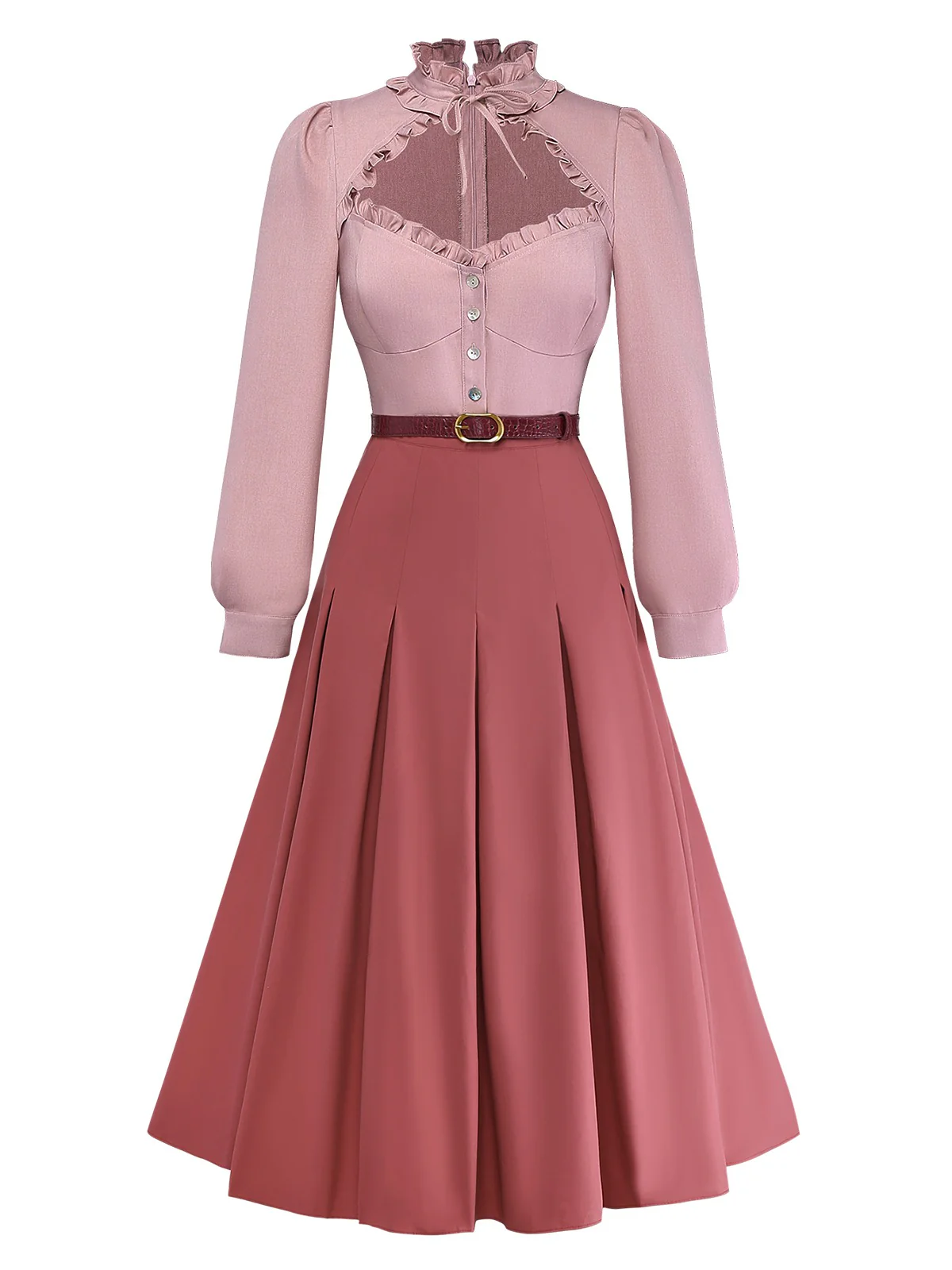 Dusty Pink 1940s Cotton Contrasted Keyhole Ruffled Dress - Image 2