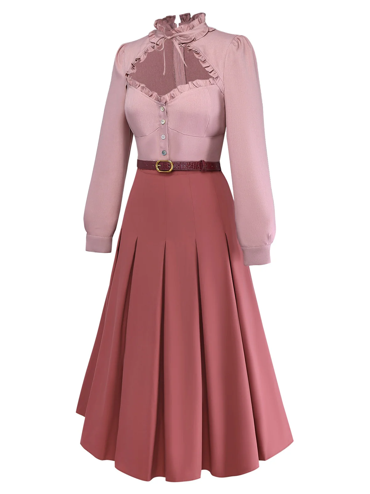 Dusty Pink 1940s Cotton Contrasted Keyhole Ruffled Dress - Image 3