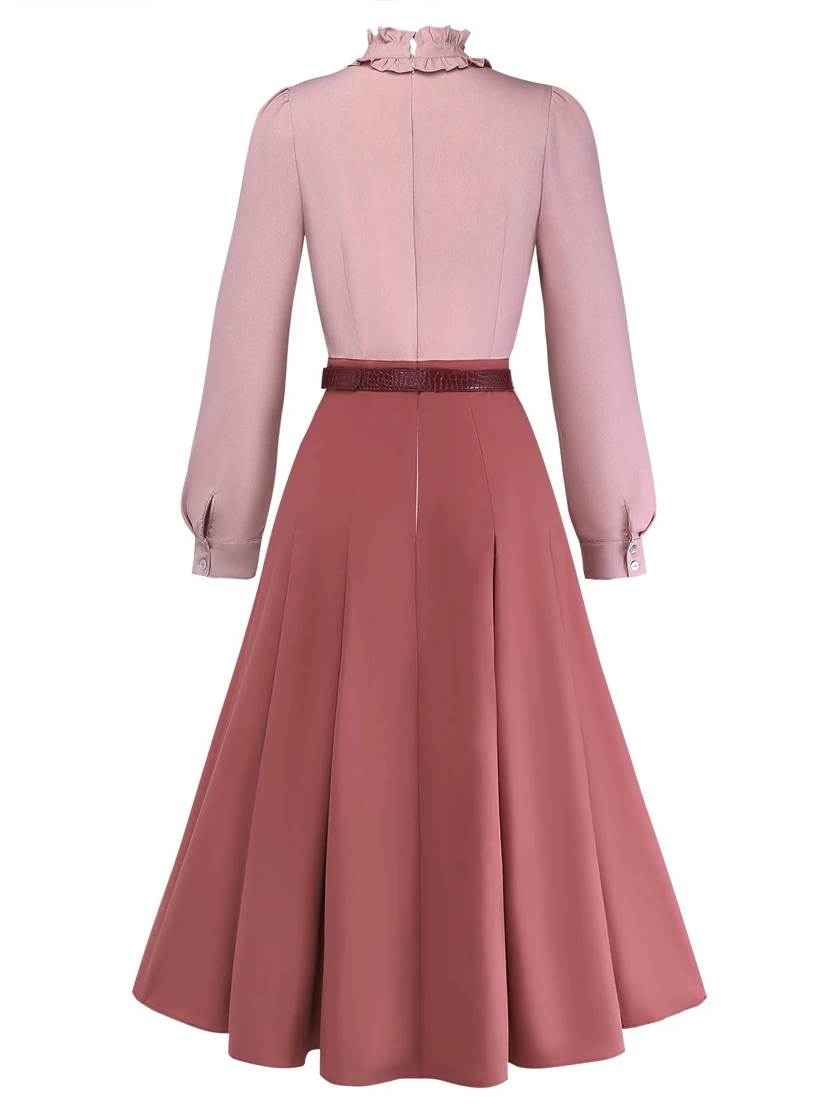 Dusty Pink 1940s Cotton Contrasted Keyhole Ruffled Dress - Image 4