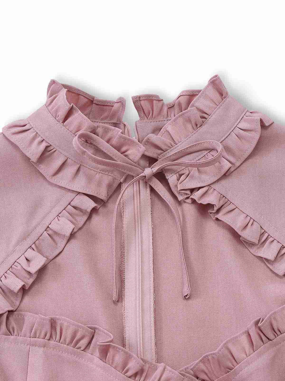 Dusty Pink 1940s Cotton Contrasted Keyhole Ruffled Dress - Image 5
