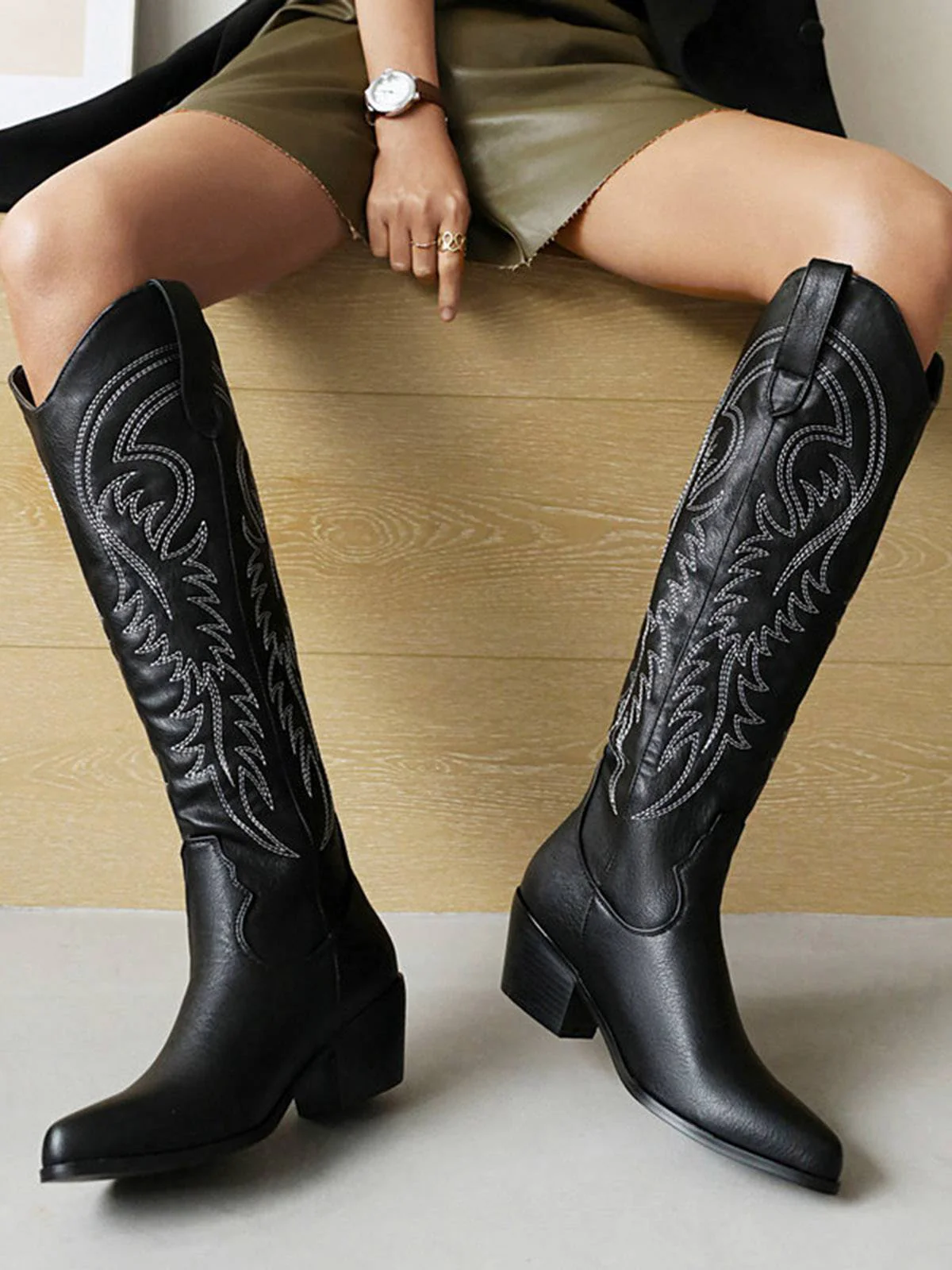 Embroidered Chunky Heel Mid-Calf Cowboy Boots - Image 10