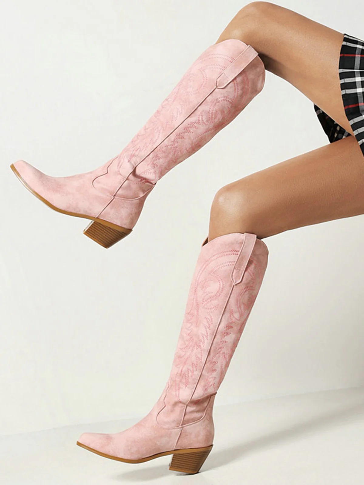 Embroidered Chunky Heel Mid-Calf Cowboy Boots - Image 12