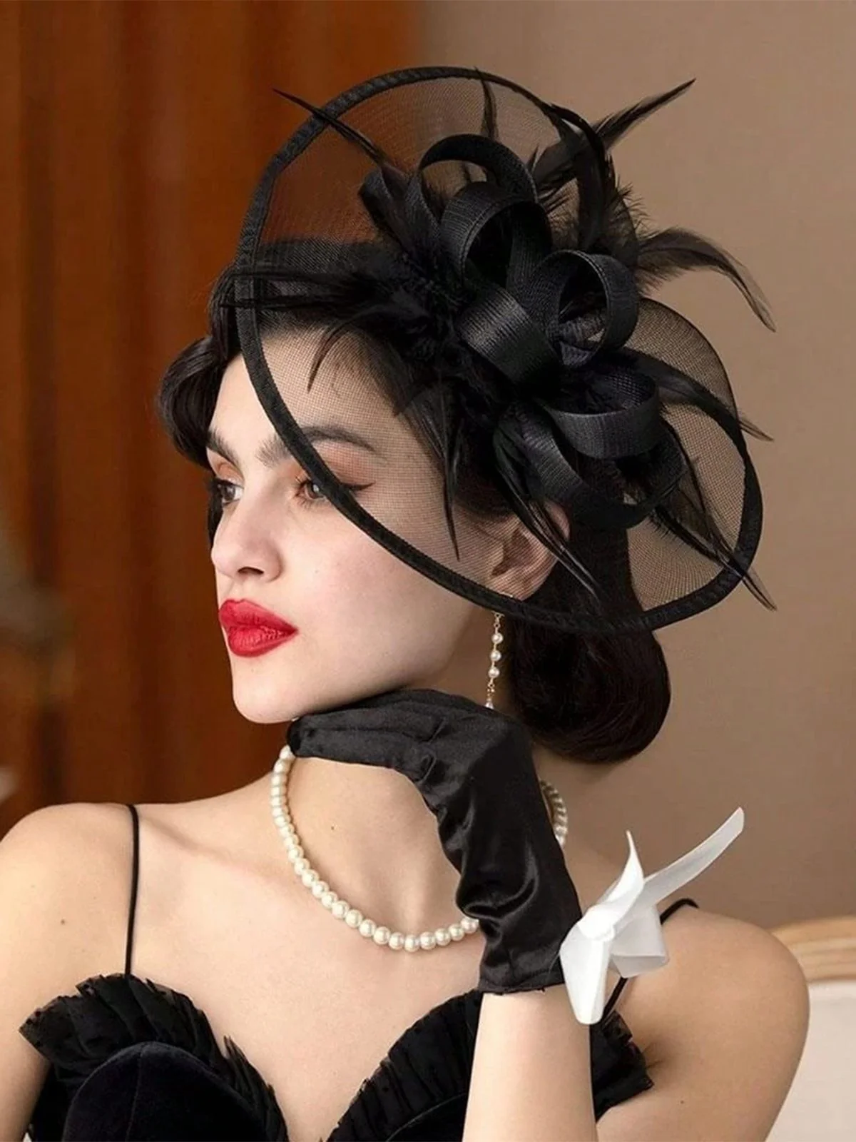 Feather Fascinator Hat With Veil - Image 3