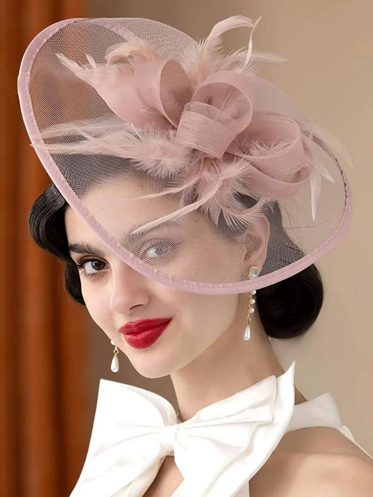 Feather Fascinator Hat With Veil - Image 4