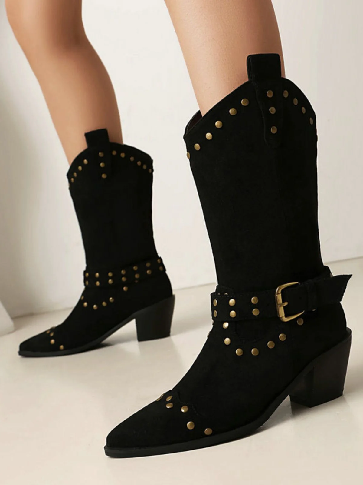 Flannelette Studded Wingtip Toe Chunky Heel Boots - Image 2
