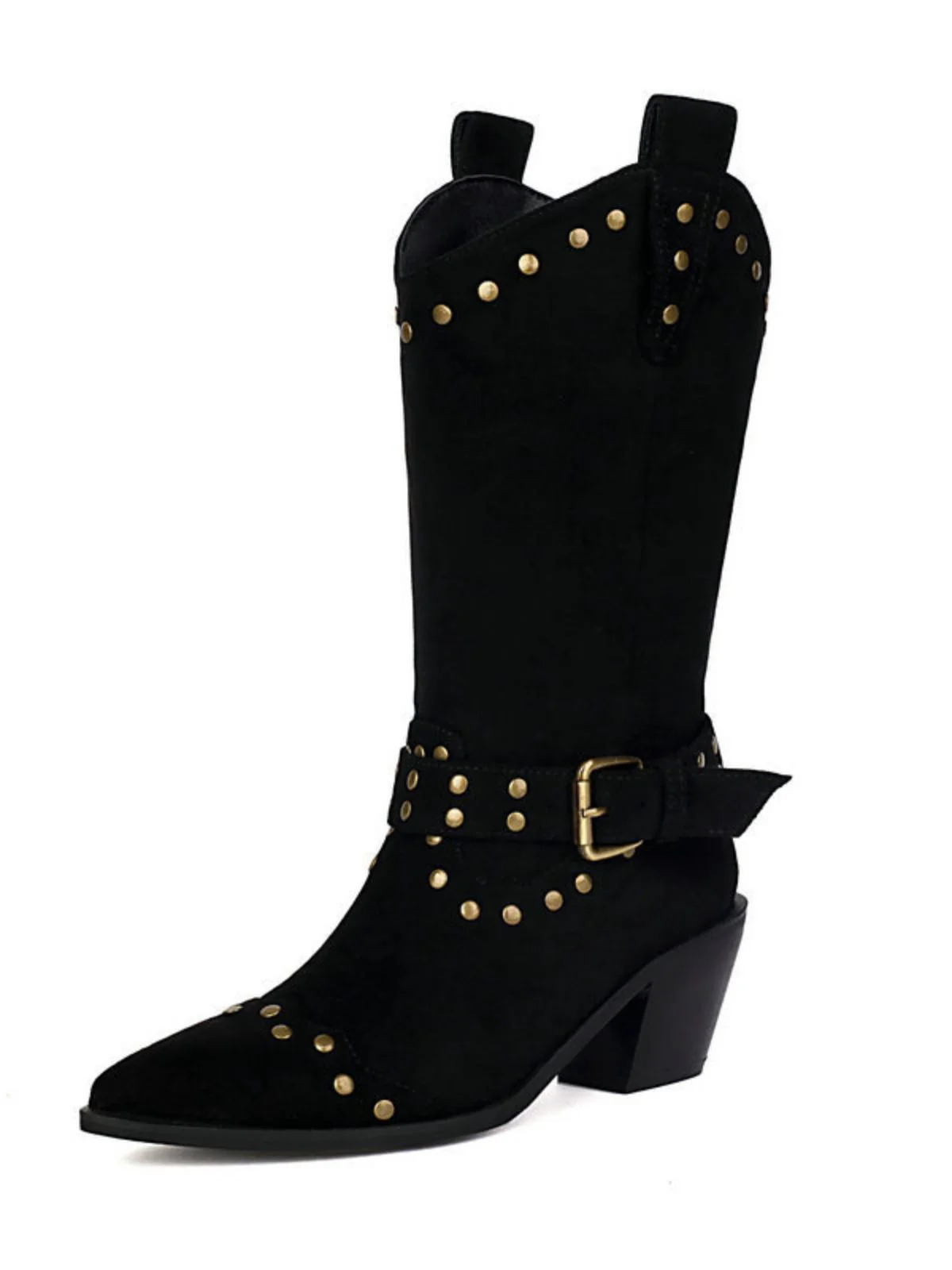 Flannelette Studded Wingtip Toe Chunky Heel Boots - Image 3