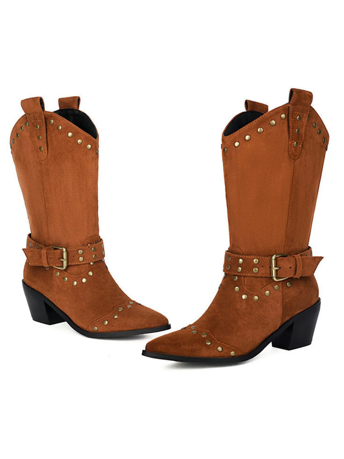 Flannelette Studded Wingtip Toe Chunky Heel Boots - Image 4