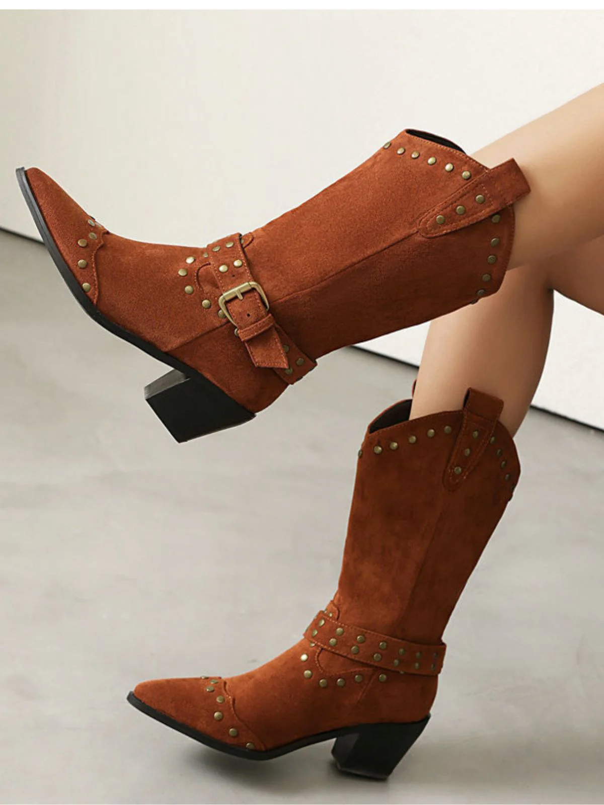 Flannelette Studded Wingtip Toe Chunky Heel Boots - Image 5