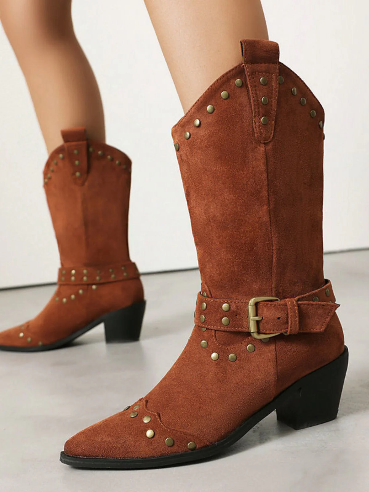 Flannelette Studded Wingtip Toe Chunky Heel Boots - Image 6