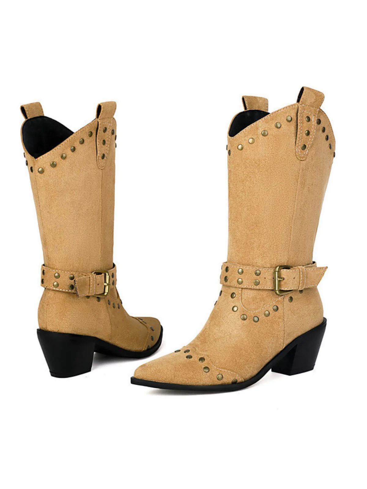 Flannelette Studded Wingtip Toe Chunky Heel Boots - Image 7