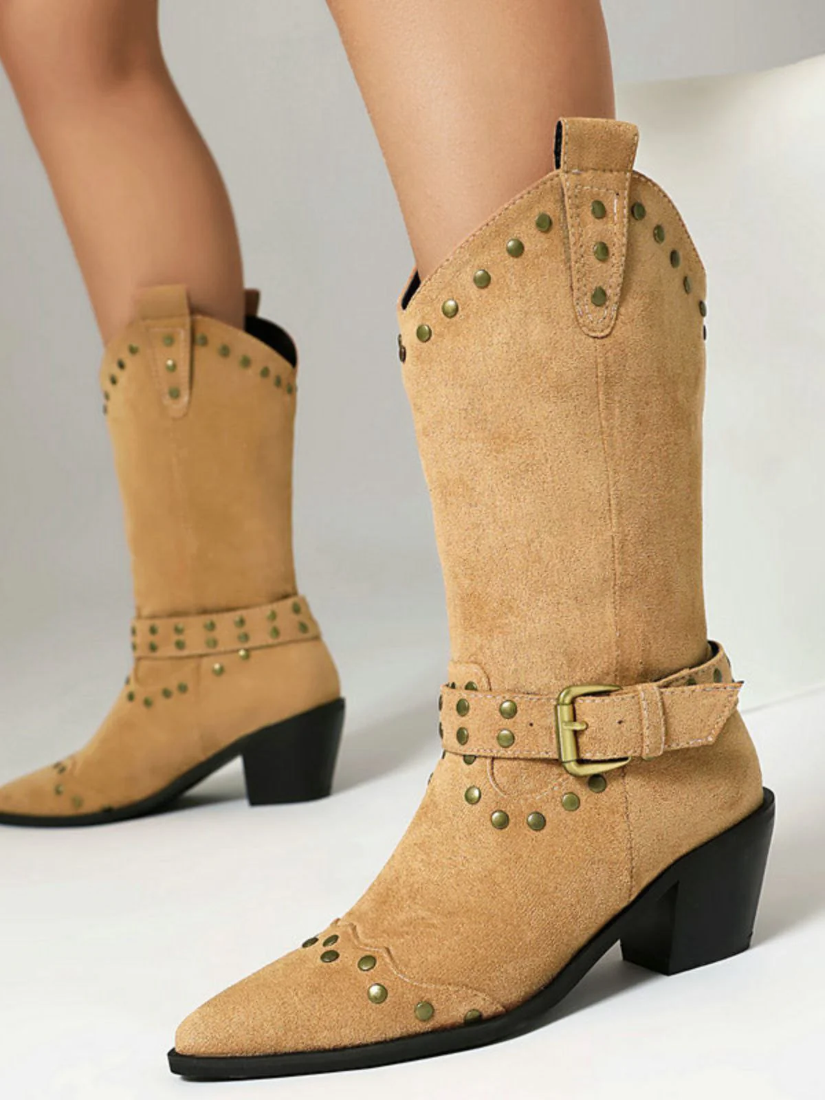 Flannelette Studded Wingtip Toe Chunky Heel Boots - Image 8