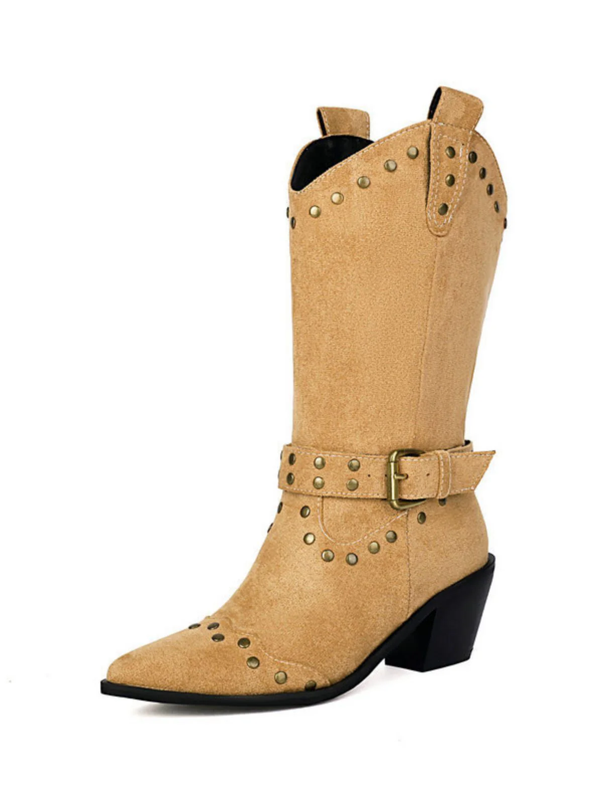 Flannelette Studded Wingtip Toe Chunky Heel Boots - Image 9
