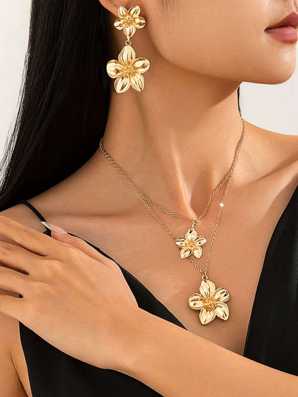 Floral Double Clavicle Necklace & Earrings Set - Image 5