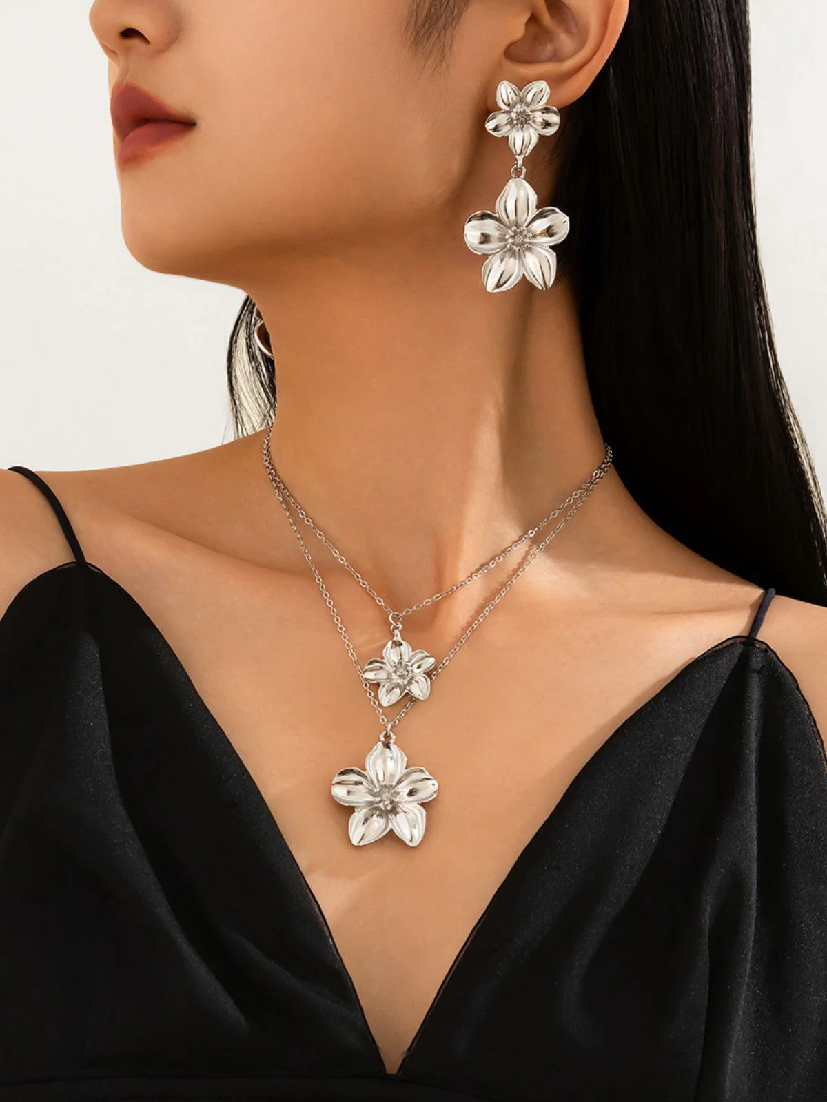 Floral Double Clavicle Necklace & Earrings Set - Image 8