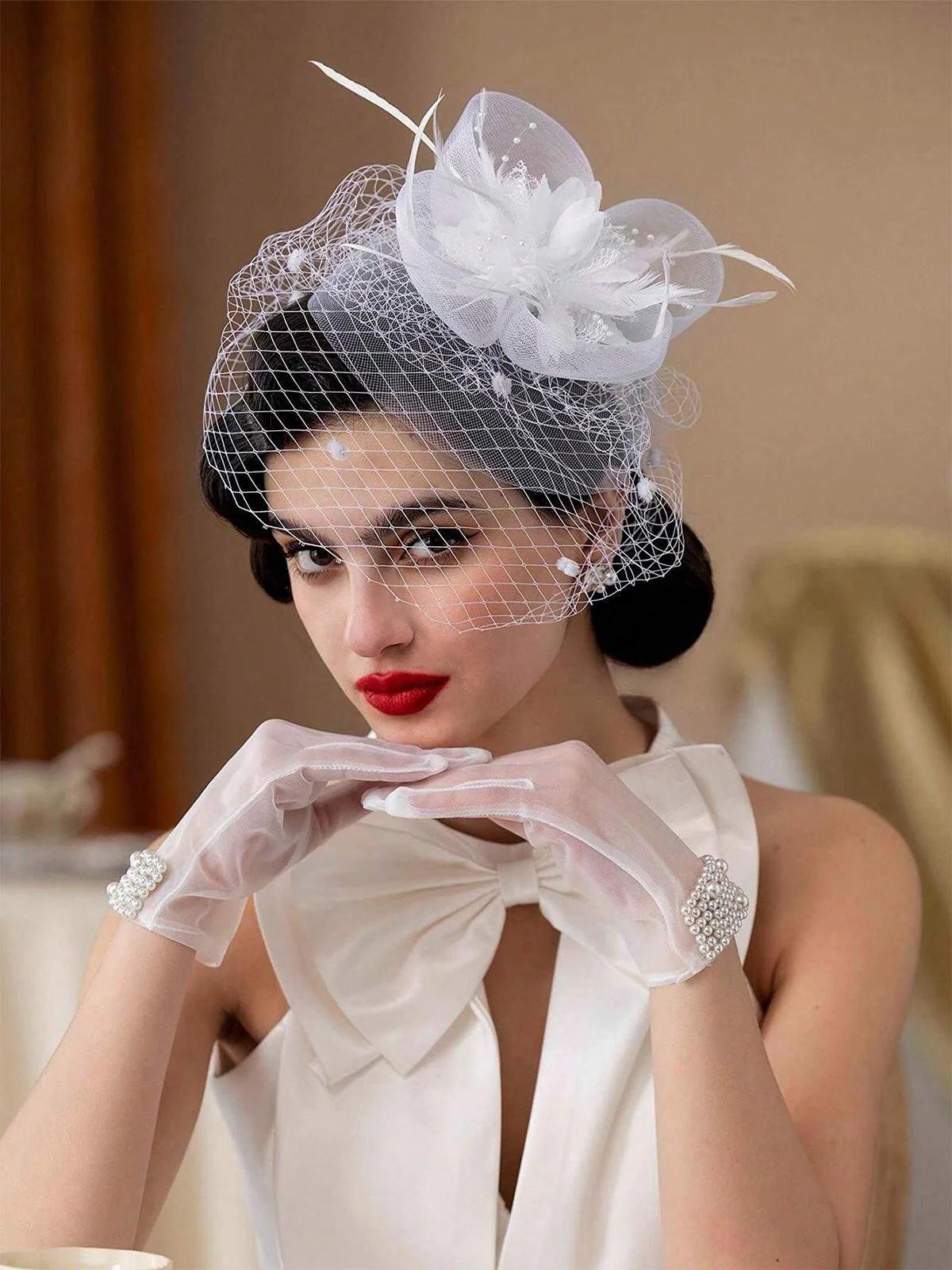 Floral Feather Fascinator Hat With Veil - Image 2