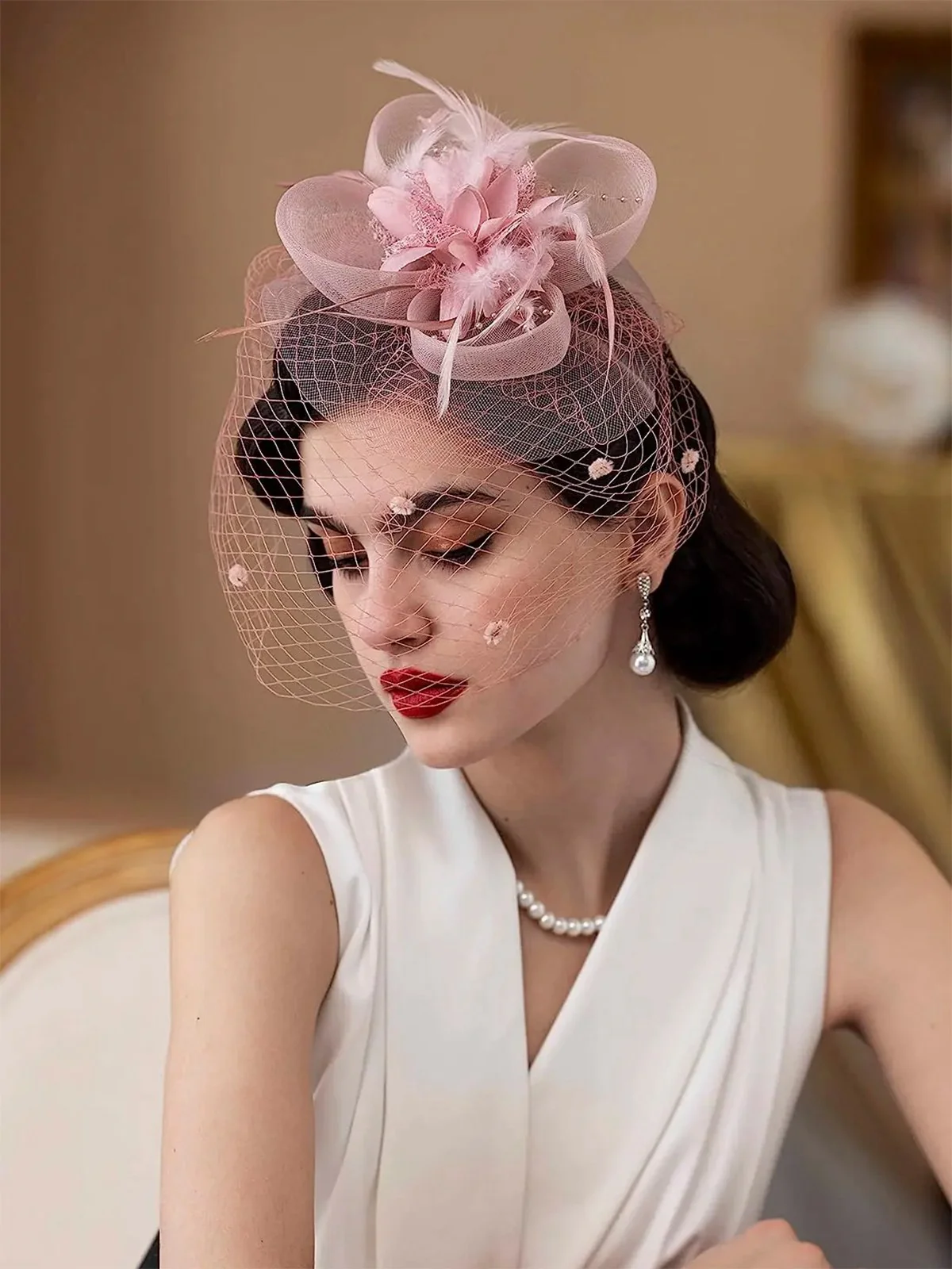 Floral Feather Fascinator Hat With Veil - Image 3