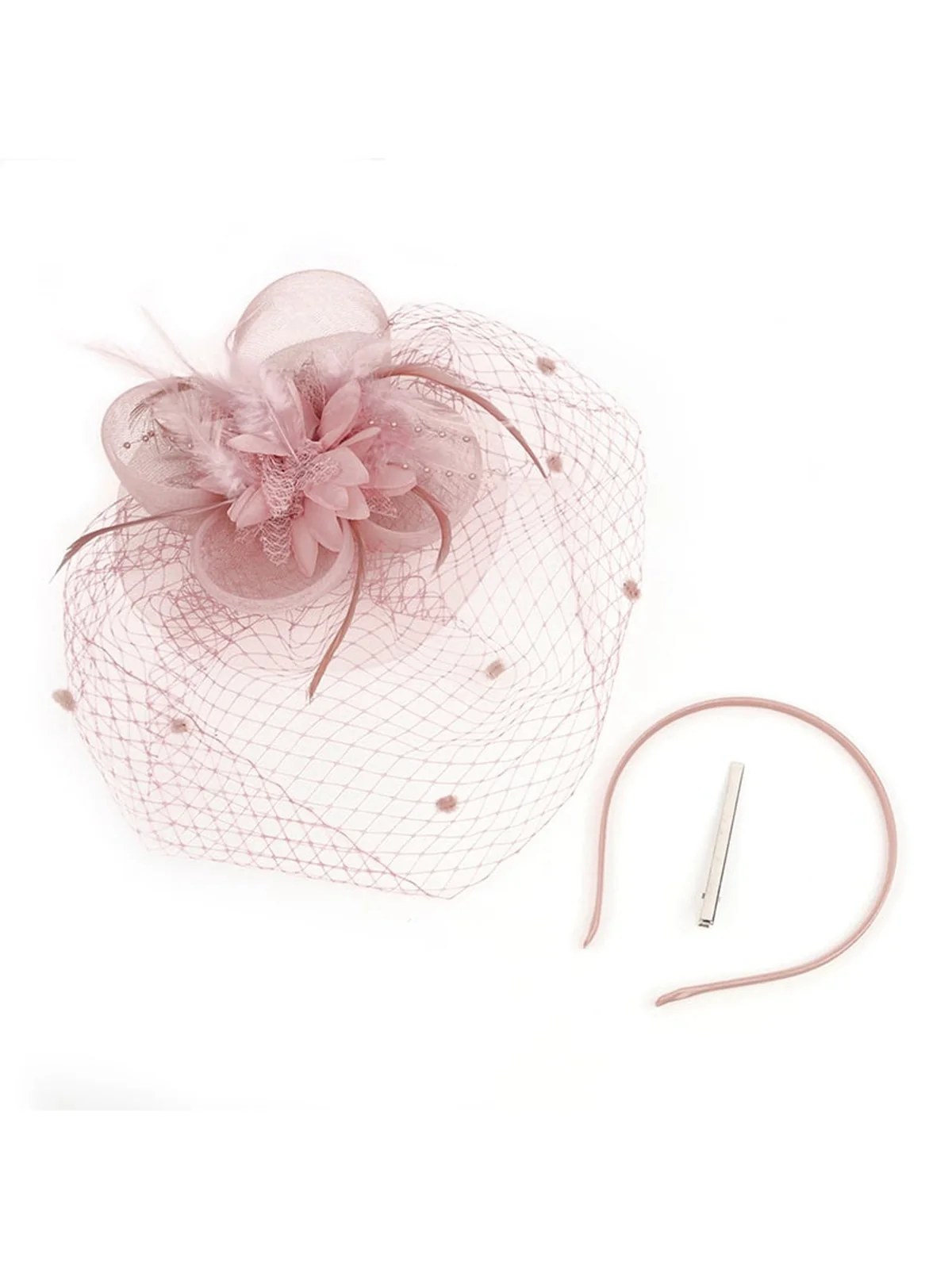 Floral Feather Fascinator Hat With Veil - Image 5