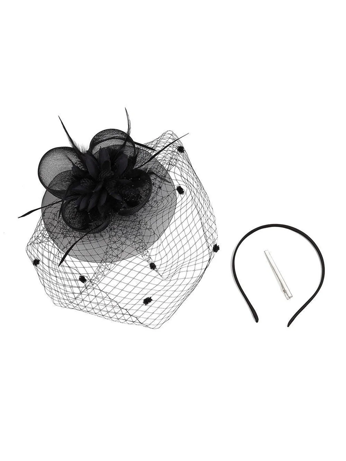 Floral Feather Fascinator Hat With Veil - Image 6