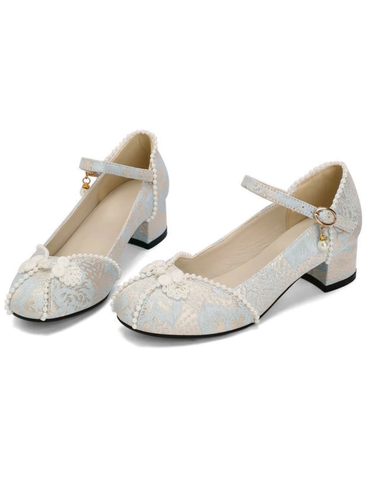 Floral Jacquard Pearl Mary Jane High Heels - Image 12