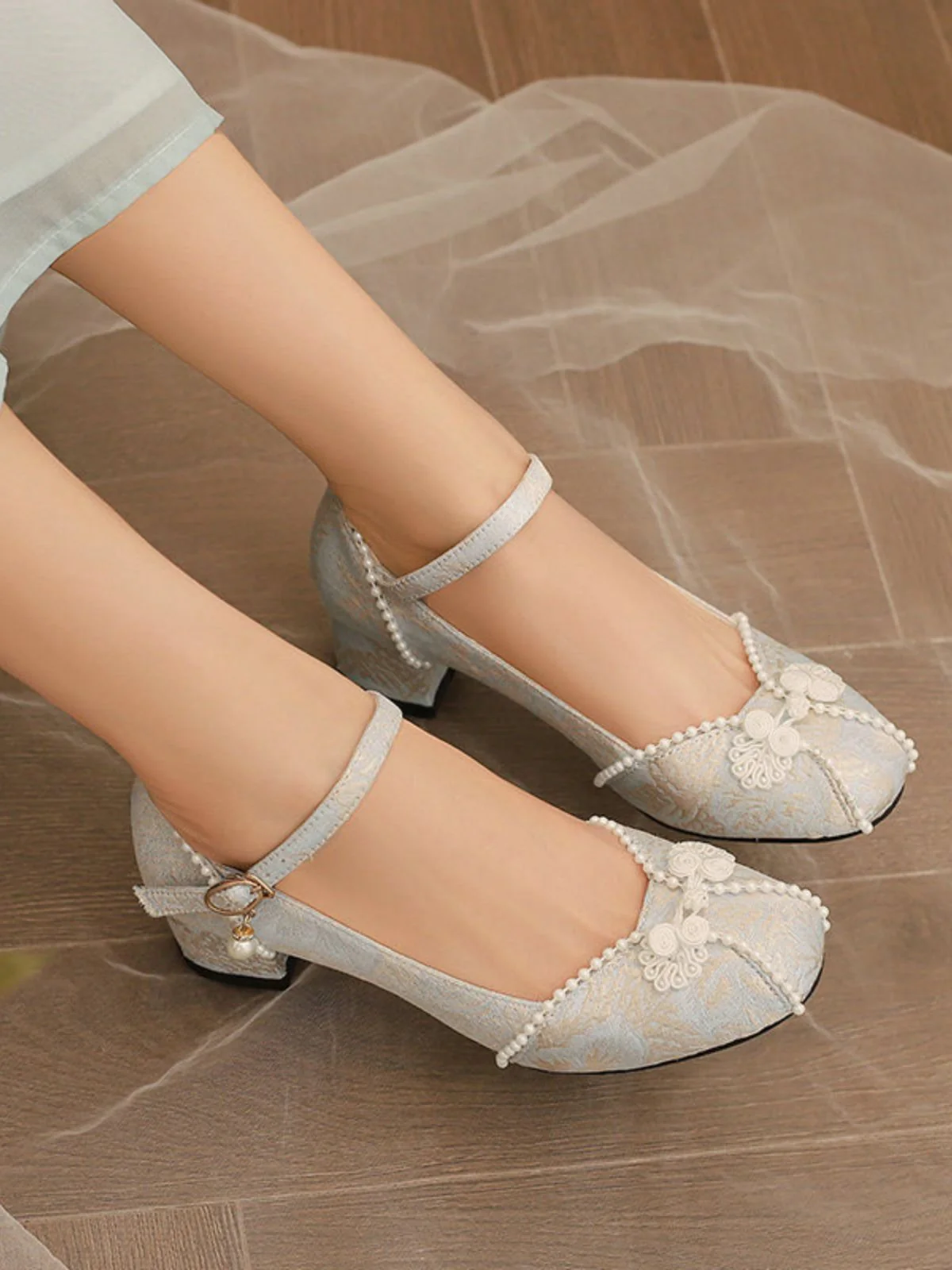 Floral Jacquard Pearl Mary Jane High Heels - Image 15
