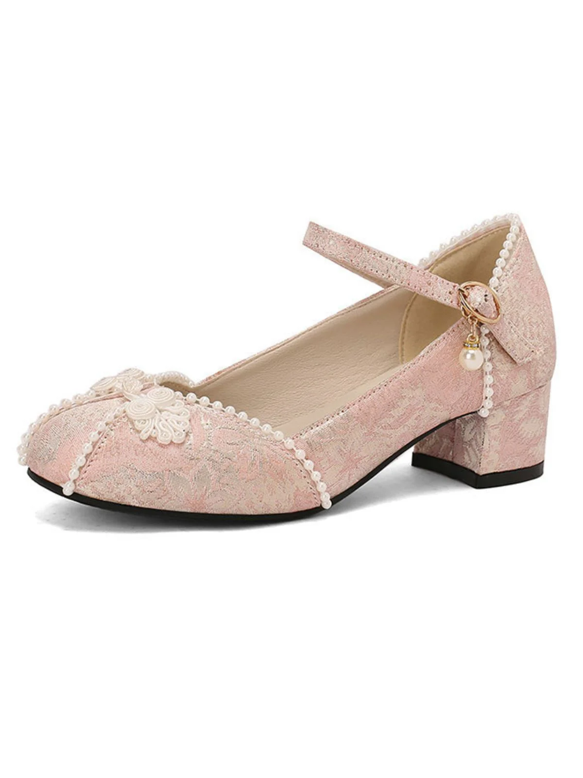 Floral Jacquard Pearl Mary Jane High Heels - Image 6