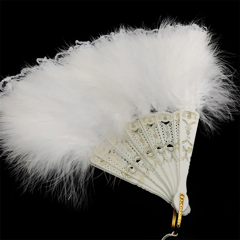 Fluffy Feather Pendants Folding Hand Fan - Image 2