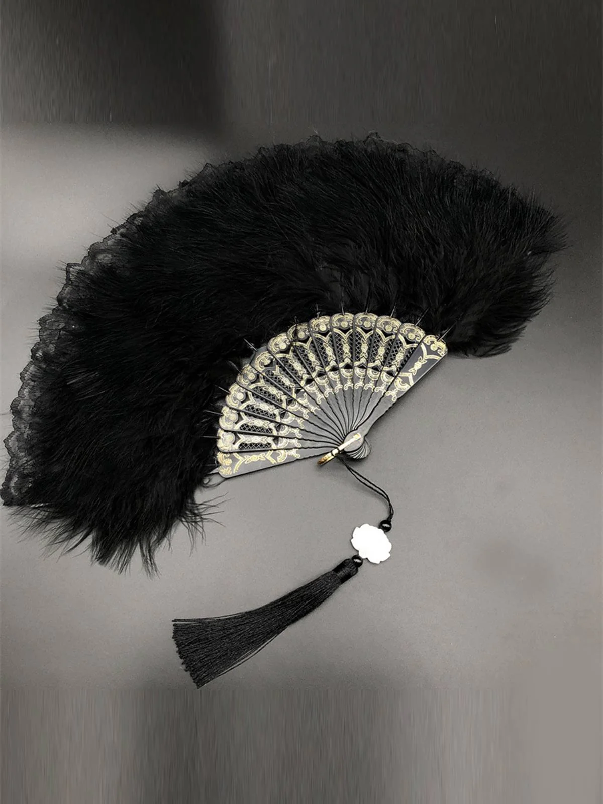 Fluffy Feather Pendants Folding Hand Fan - Image 3