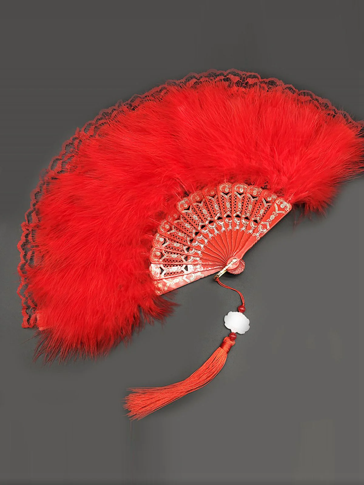 Fluffy Feather Pendants Folding Hand Fan - Image 4