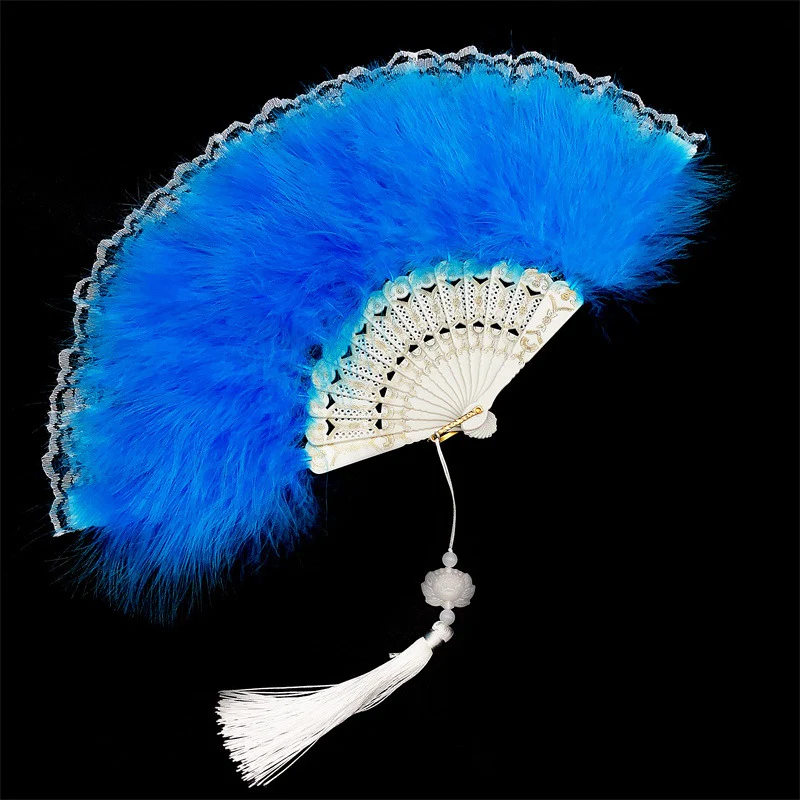 Fluffy Feather Pendants Folding Hand Fan - Image 5