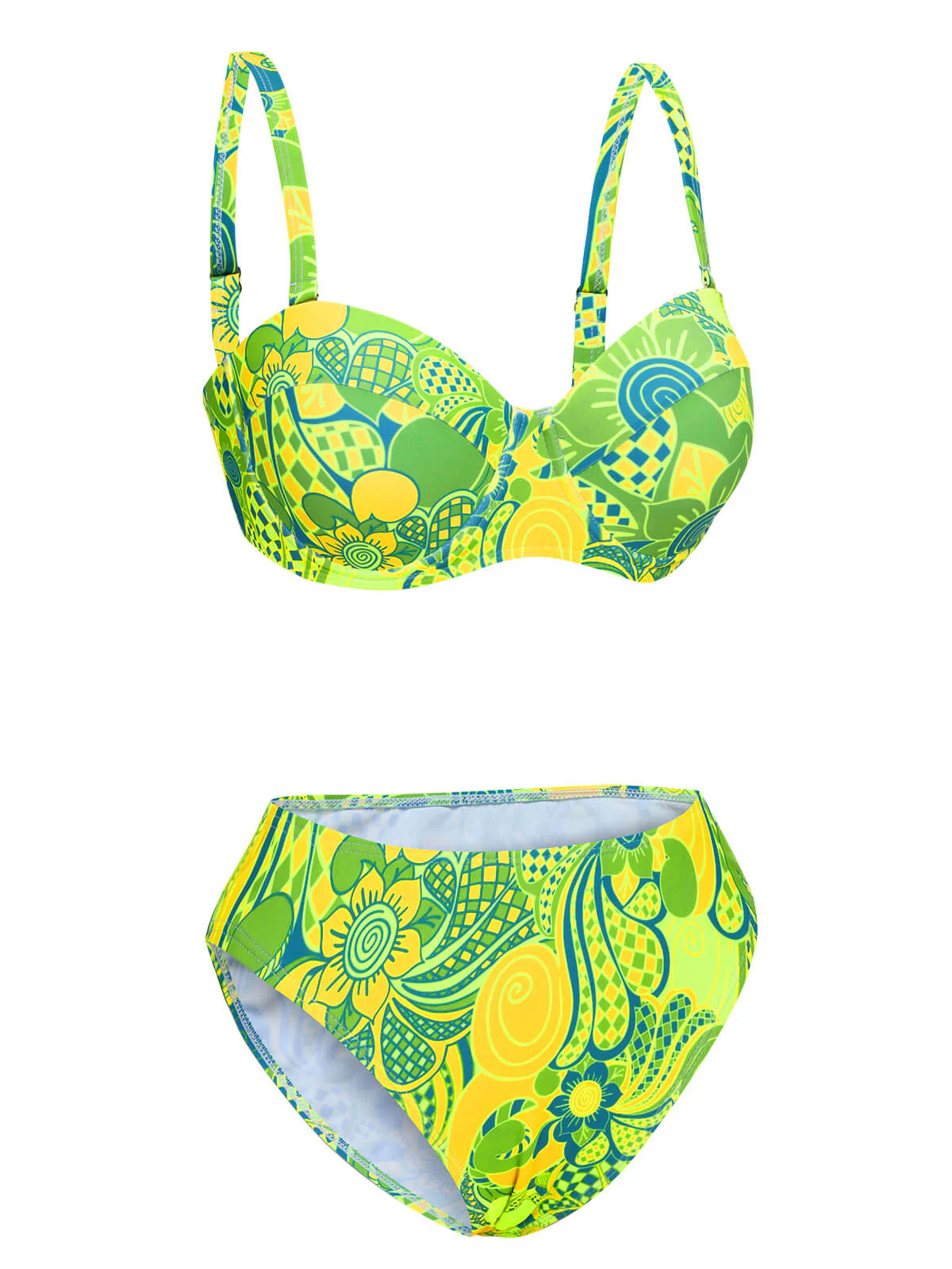 Fluorescent Green 1980s Floral Bikini Set - Image 2