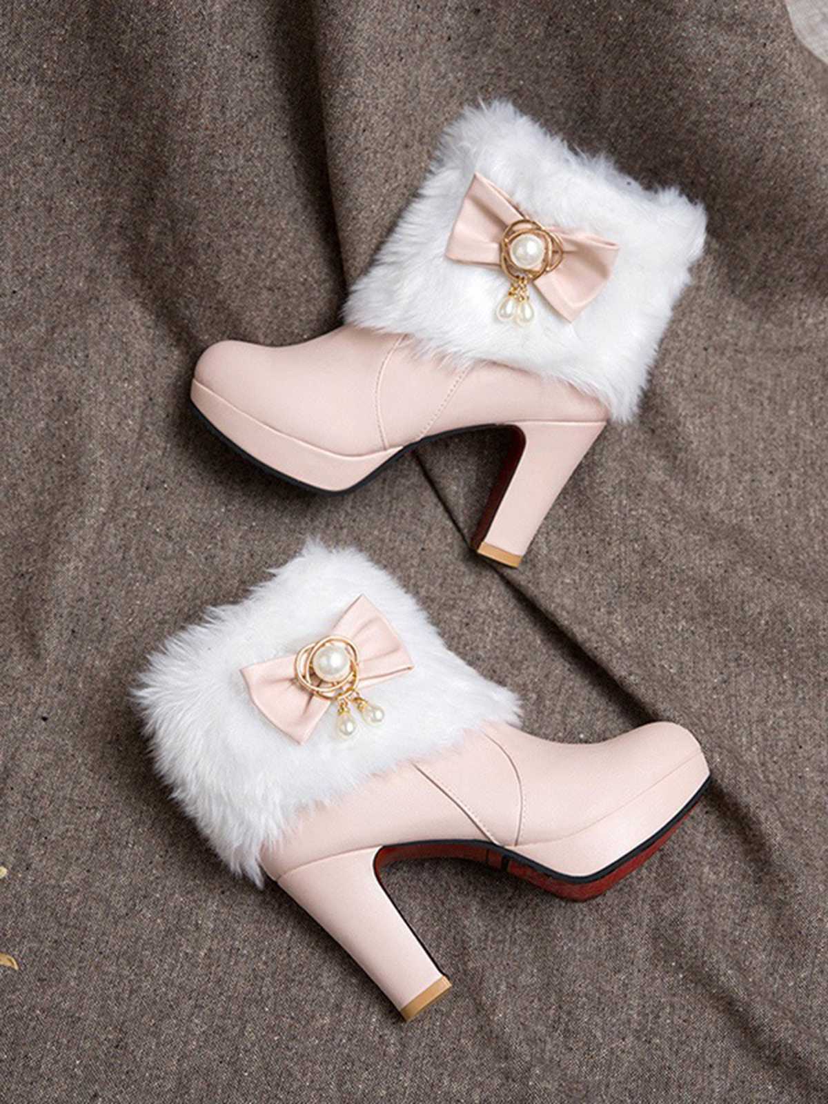 Fur Bow Pointed High Heels Boots - Image 2
