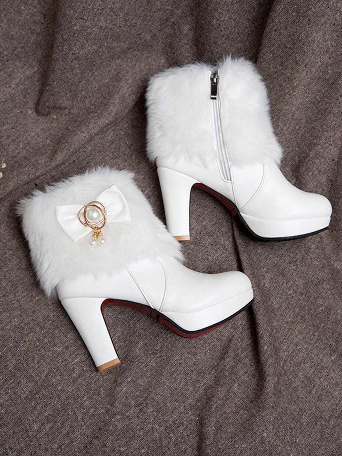 Fur Bow Pointed High Heels Boots - Image 4