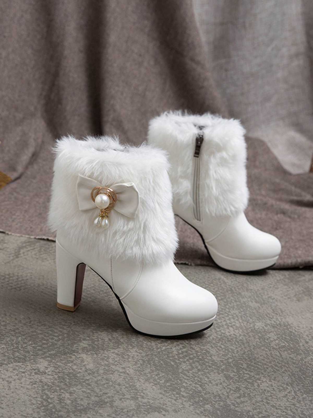 Fur Bow Pointed High Heels Boots - Image 5