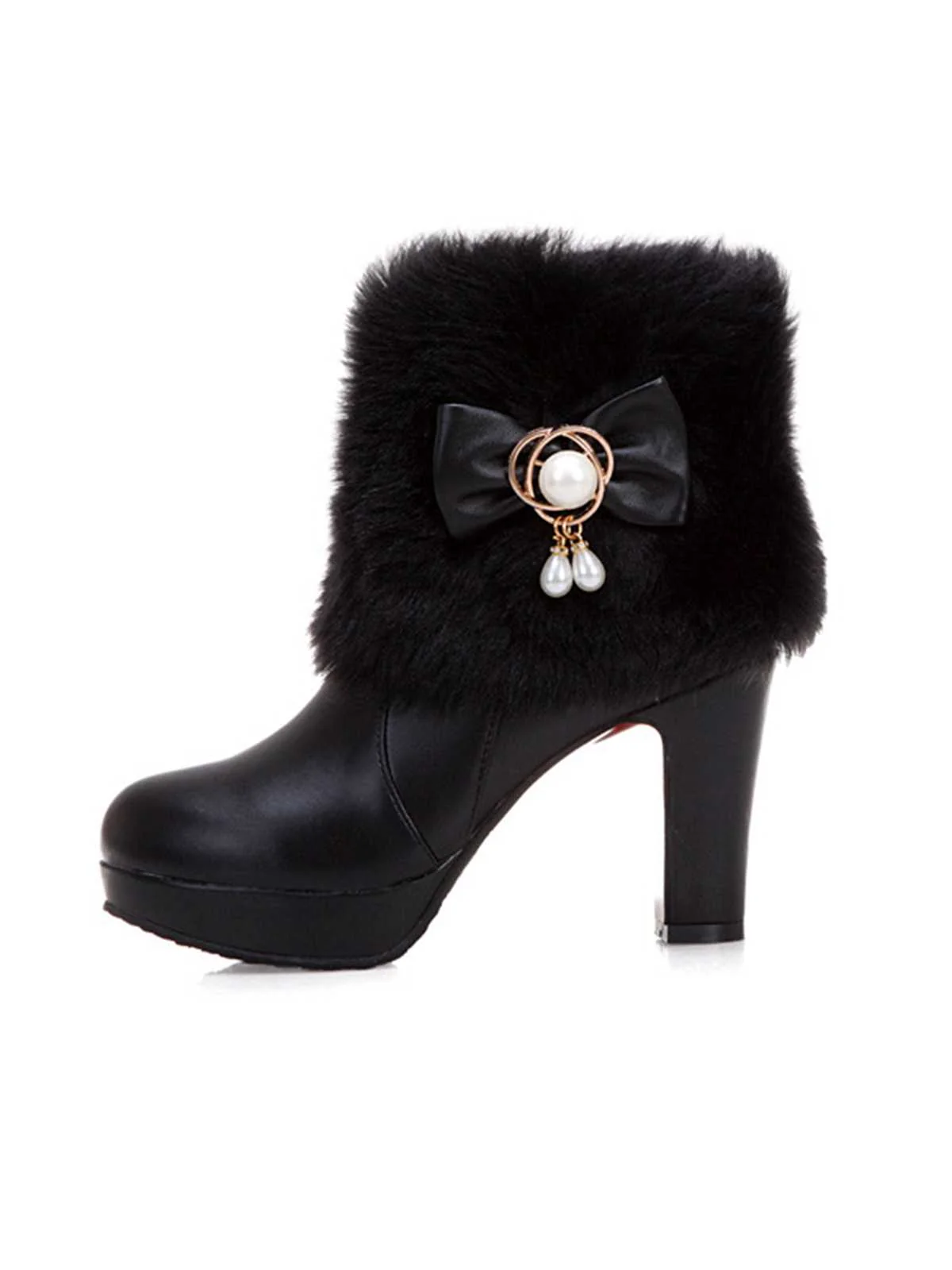 Fur Bow Pointed High Heels Boots - Image 6